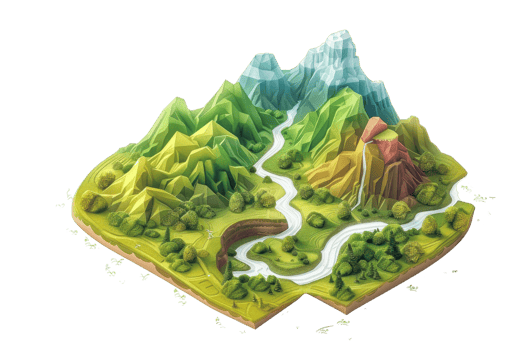 Colorful 3D topographic map illustration of a mountainous landscape featuring valleys, rivers, and lush greenery. png