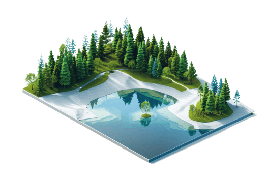 Digital 3D rendering of a serene forest with a central lake, surrounded by lush greenery, reflecting a peaceful natural landscape. png