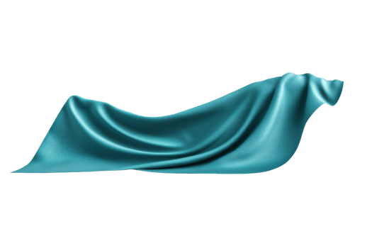 Elegant teal silk fabric draped gracefully against a transparent background. showcasing its smooth texture and luxurious feel. png