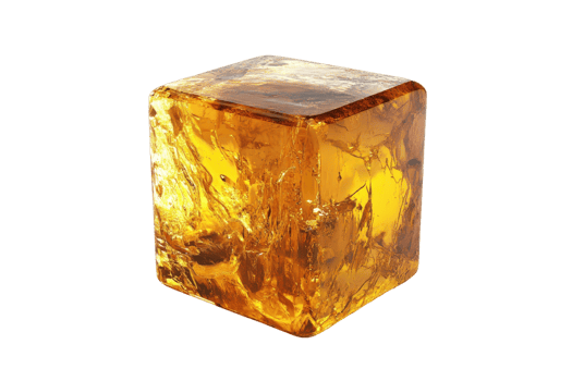 Golden amber cube with a clear and polished surface, showcasing intricate internal patterns and transparency perfect for decoration or collection. png
