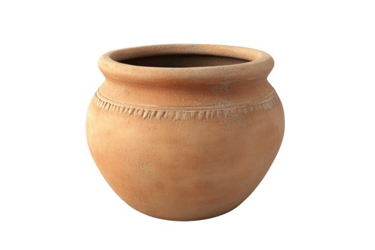 Handmade terracotta clay pot with intricate design. Perfect for rustic home decor, gardening, and storage solutions. High-quality craftsmanship. png