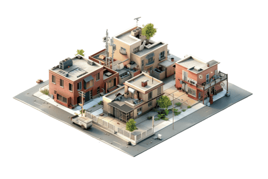 High-quality 3D rendering of a cozy residential neighborhood with modern homes, trees, and urban surroundings. png