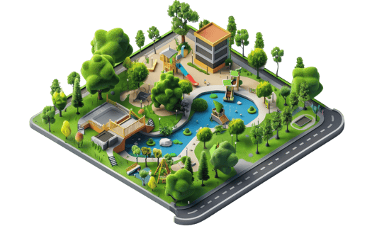 High-angle illustration of a modern urban park with playgrounds, ponds, and trees, showcasing urban greenery and recreation areas. png