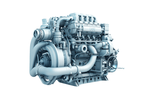 High-quality 3D rendering of an intricate diesel engine showcasing detailed mechanical components. Great for engineering and technical projects. png