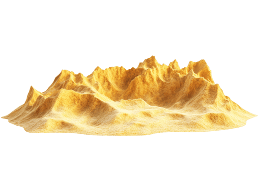 High-resolution 3D rendering of a rugged mountain range made of golden sand on a transparent background. Perfect for design projects. png