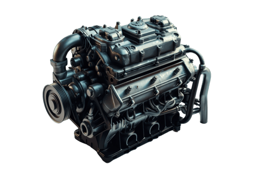 High-resolution image of a detailed car engine, showcasing mechanical components and engineering precision on a transparent background. png