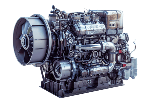 High-resolution image of a modern industrial engine, showcasing its mechanical complexity and detailed components. png