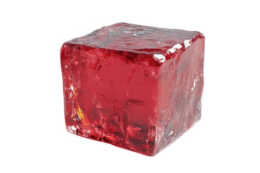 High-resolution image of a red ice cube against a transparent background. showcasing clarity, texture, and vibrant color for various design projects. png