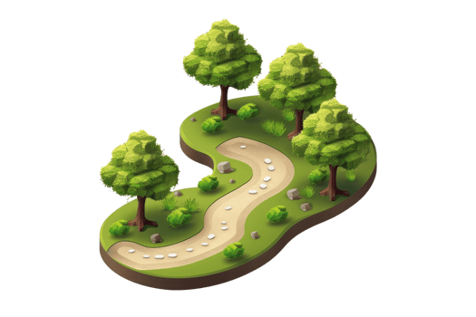 Isometric cartoon-style forest scene with winding path and trees, perfect for game design, animation, or digital art projects. png
