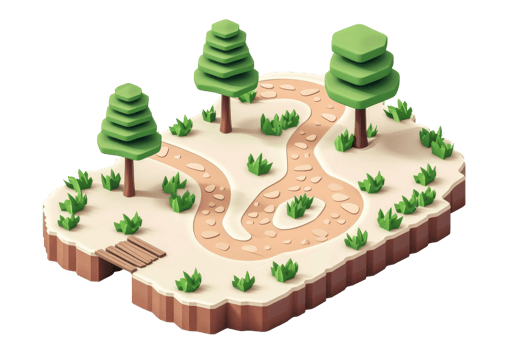 Isometric forest path illustration with trees, greenery, and winding dirt trail, ideal for nature, landscape, or adventure designs. png