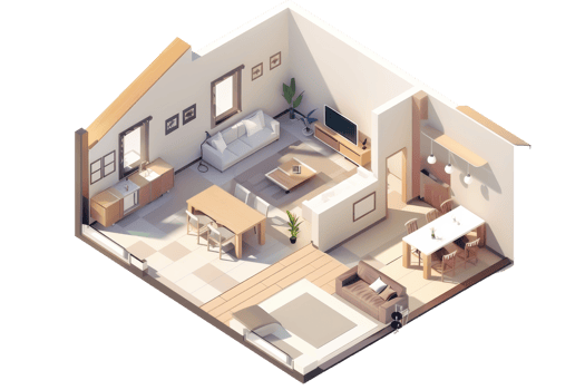 Isometric view of modern open-plan living space featuring kitchen, dining, and living areas with cozy and minimalist design elements. png