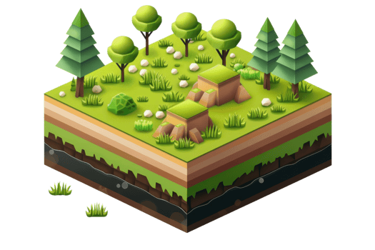 Isometric illustration of a forest landscape, showing layers of soil beneath the surface. Ideal for educational or ecological projects. png
