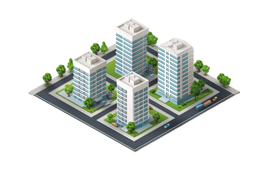 Isometric illustration of modern apartment buildings in a city block with green trees and cars on a transparent background. png