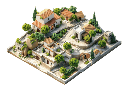 Isometric Mediterranean village illustration with traditional houses, lush greenery, narrow pathways, and vibrant architectural details. png