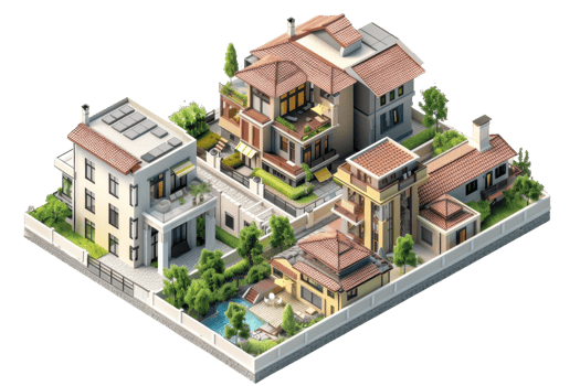Isometric view of modern residential neighborhood with multiple houses, lush greenery, and pool in a gated community. png