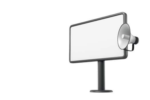 Blank billboard with attached loudspeaker on left side against clear background. Perfect for advertising, announcements, or marketing concepts. png