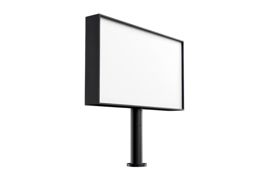 Blank white billboard with black frame on pole, isolated on transparent background. Perfect for advertising, marketing, or commercial use. png