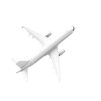 High-angle view of a white commercial airplane flying in the clear sky, showcasing the aircraft's design and structure, perfect for travel themes. png