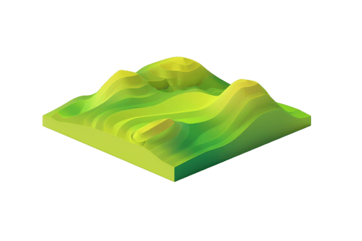 3D terrain model depicting grassy hills and valleys, perfect for geography, cartography, or landscape design projects. png