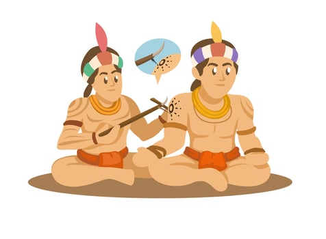 Mentawai Tribe People Doing Traditional Tattoo. Illustration vector