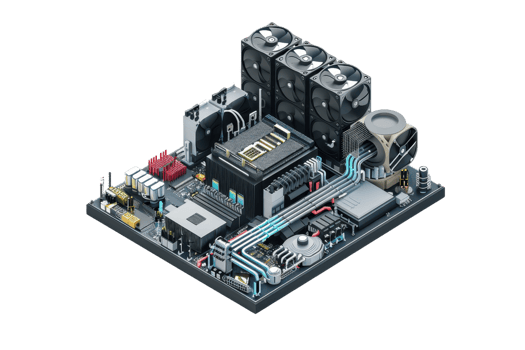 High-tech computer motherboard with integrated circuits, cooling system, and various components for advanced computing performance. png