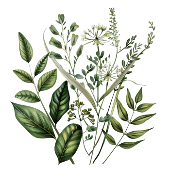 Botanical illustration of various green plants and leaves, creating a lush, organic composition perfect for natural-themed designs. png
