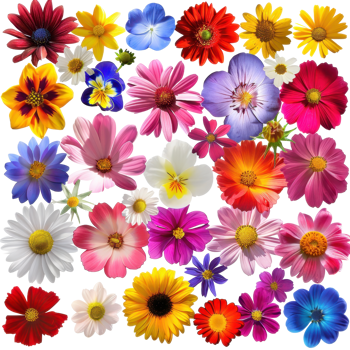 Bright and colorful collage of various vibrant flowers in full bloom, showcasing nature's diverse beauty and rich colors. png
