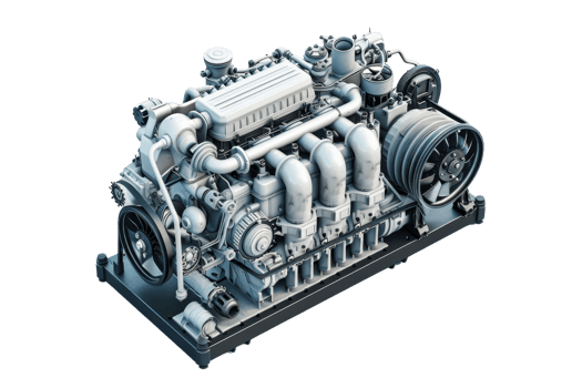 High-resolution image of a detailed mechanical engine, showcasing intricate components and engineering design in a transparent background. png