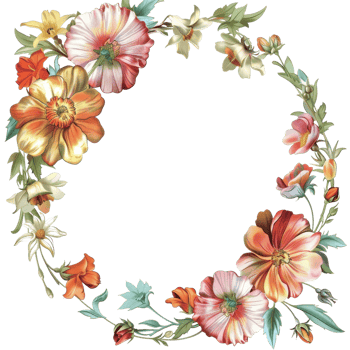 Beautiful floral wreath with colorful flowers arranged in a circular pattern, perfect for decorative use in invitations and designs. png