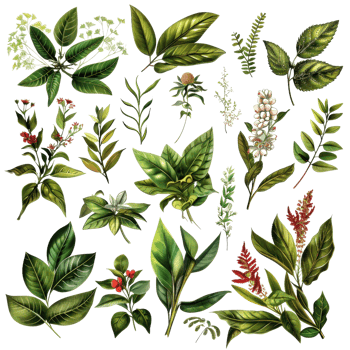 Collection of various green and colorful botanical leaves and flowers in a detailed, hand-drawn illustration style. png