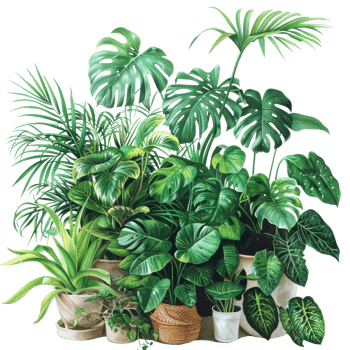 Collection of lush indoor plants in decorative pots, creating a refreshing and vibrant home decor accent. png