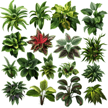 Collection of various lush, tropical houseplants with green and colorful leaves. Perfect for indoor gardening and home decor inspiration. png