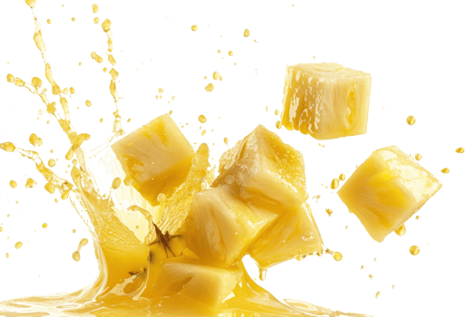 Dynamic splash of fresh pineapple juice with juicy pineapple chunks, capturing a vibrant, refreshing, and tropical essence perfect for summer. png