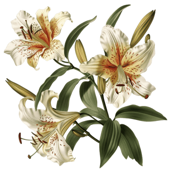 Elegant botanical illustration of white lilies with detailed petals and lush green leaves, perfect for floral and nature-themed projects. png