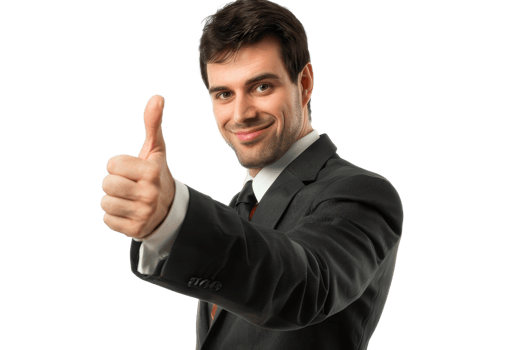 Confident businessman in a suit giving a thumbs-up, expressing approval and success, isolated on a transparent background. png
