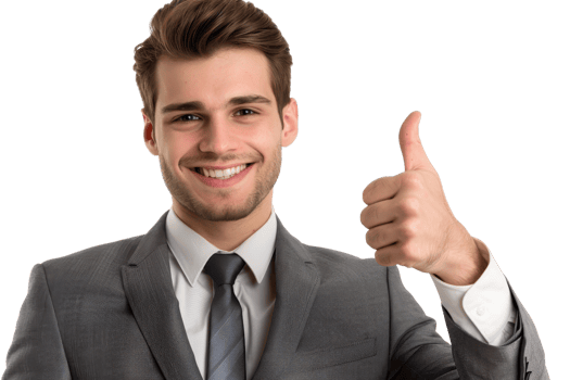 Confident young businessman in a suit giving a thumbs up and smiling, conveying success and positivity. png