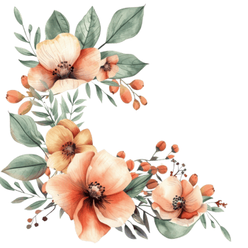 Beautiful watercolor floral arrangement with orange and peach flowers, green leaves, and buds. Ideal for invitations and greeting cards. png