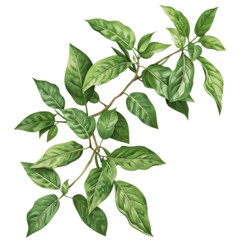 Realistic digital illustration of a green leafy branch with detailed leaves, isolated on a transparent background. png