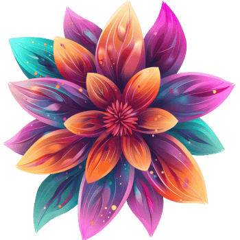 Vibrant digital illustration of a colorful abstract flower with petals in shades of purple, orange, pink, and teal. png