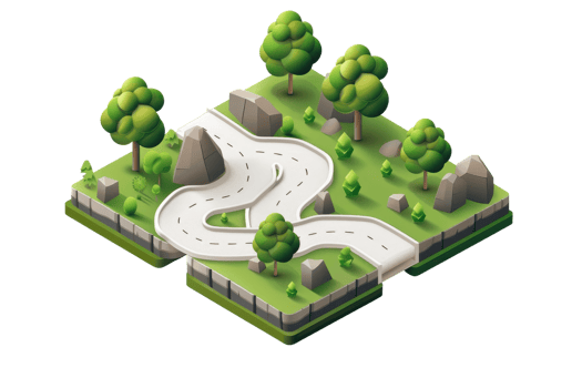 3D illustration of a winding road with lush green trees and rocks, perfect for nature-themed designs and landscape concepts. png