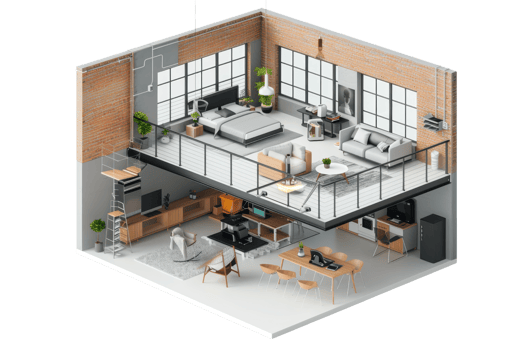 Modern loft apartment with open-concept living space, featuring stylish furniture, kitchen, dining area, and cozy bedroom on the upper level. png