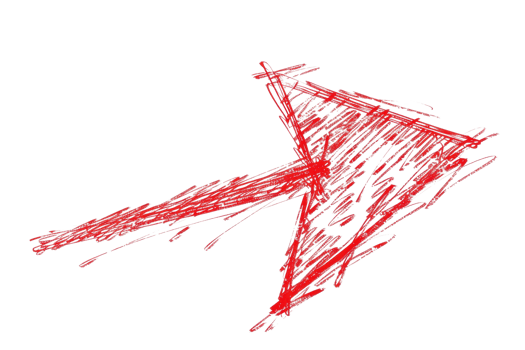 A hand-drawn red arrow sketched on a transparent background, ideal for presentations, educational materials, and creative design projects. png