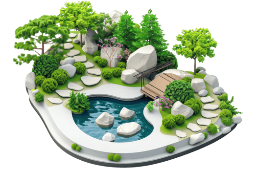 A tranquil Japanese garden with a stone path, pond, bridge, and lush greenery, perfect for meditation and relaxation. png