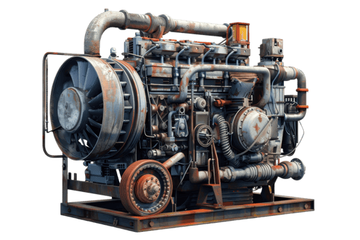 Industrial diesel engine with intricate piping and mechanical components, showcasing engineering and machinery details against transparent background. png