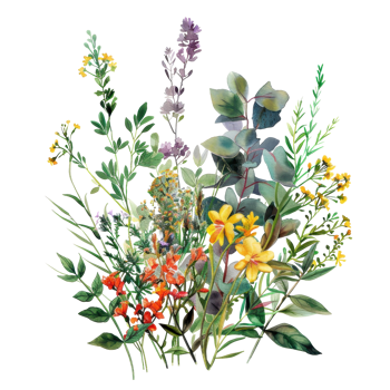 A vibrant watercolor illustration of various wildflowers and herbs in full bloom, displaying a beautiful array of colors and textures. png