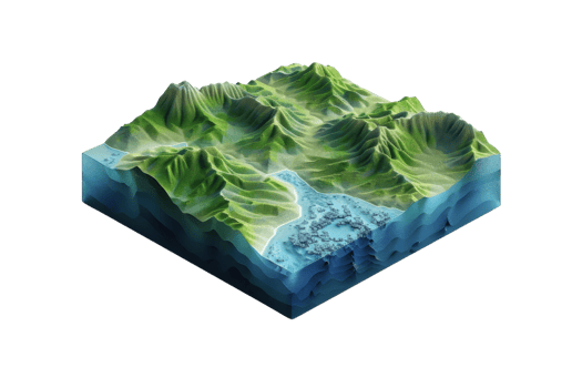 3D isometric landscape model showing terrain elevations, mountains, and water bodies for geographical and educational purposes. png