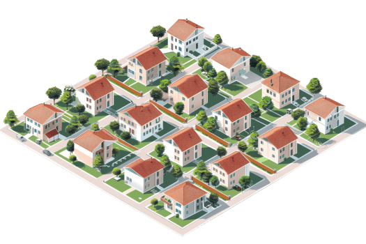 Aerial view of modern suburban neighborhood with neatly arranged houses, green lawns, and tree-lined streets in a planned residential community. png
