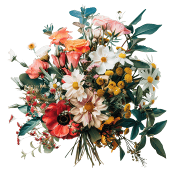A vibrant bouquet of various fresh flowers including daisies, roses, and other blooms, ideal for any celebration or decoration. png