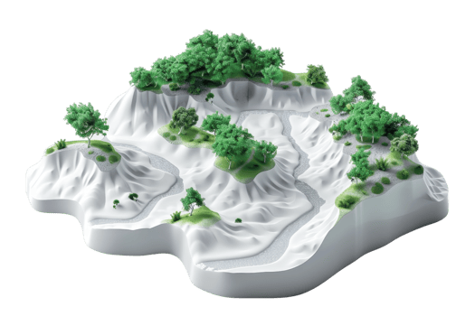 3D terrain model with hills, valleys, and lush greenery, illustrating topographical features and natural landscape elements. png