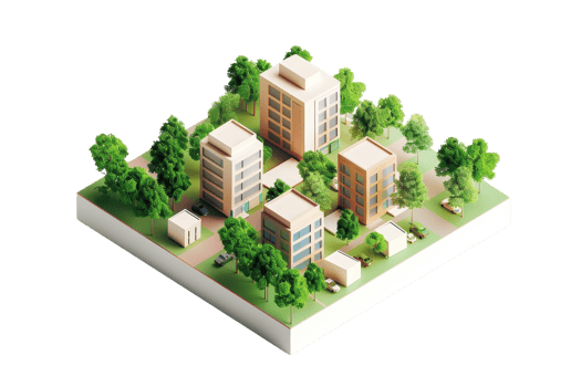 Isometric illustration of urban residential buildings and green spaces, showcasing modern community living in a small neighborhood. png